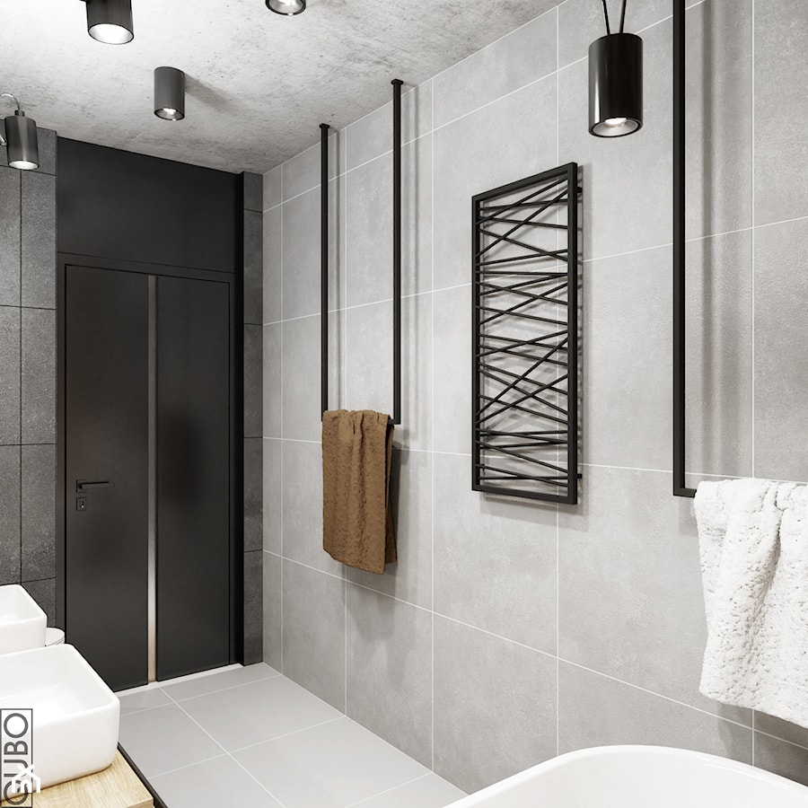 Klimatyczna łazienka z czarnymi akcentami, odcieniami szarości i cegłą - zdjęcie od QUBO architekci pracownia architektury wnętrz/ architekt / projektant wnętrz