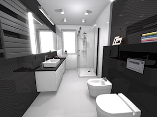 Czarno-biała łazienka, płytki strukturalne. 