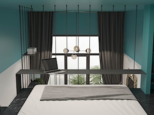 Modern deco - Mała biała niebieska z biurkiem sypialnia na antresoli, styl glamour - zdjęcie od mow.design