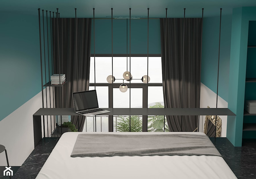 Modern deco - Mała biała niebieska z biurkiem sypialnia na antresoli, styl glamour - zdjęcie od mow.design
