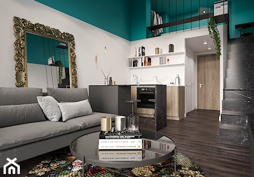 Modern deco - Mała otwarta z salonem biała z zabudowaną lodówką kuchnia dwurzędowa z marmurem nad blatem kuchennym, styl glamour - zdjęcie od mow.design