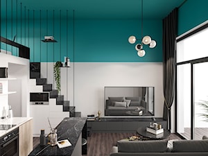 Modern deco - Mały biały niebieski salon z kuchnią z tarasem / balkonem, styl glamour - zdjęcie od mow.design