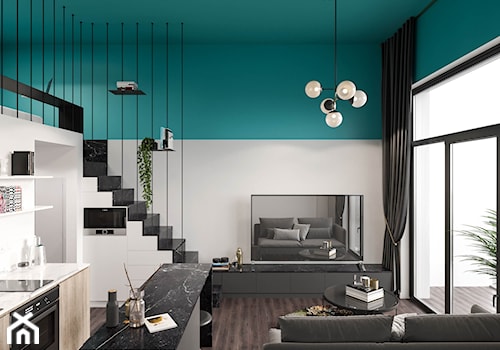 Modern deco - Mały biały niebieski salon z kuchnią z tarasem / balkonem, styl glamour - zdjęcie od mow.design