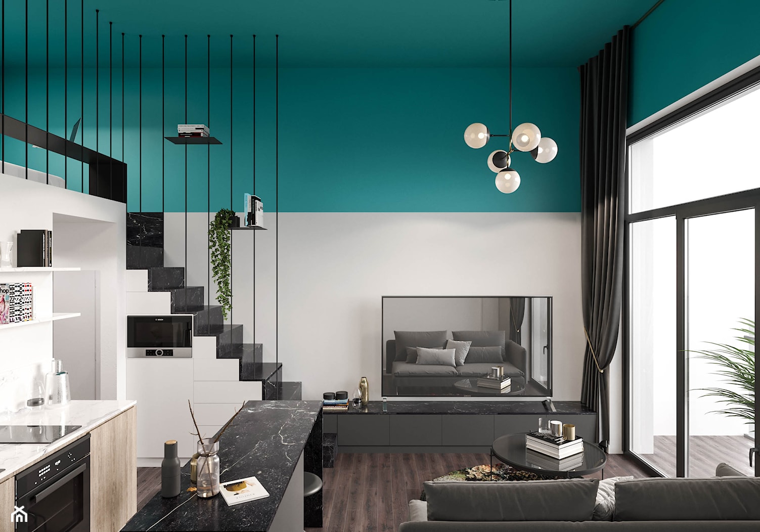 Modern deco - Mały biały niebieski salon z kuchnią z tarasem / balkonem, styl glamour - zdjęcie od mow.design - Homebook
