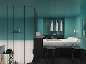 Modern deco - Średnia niebieska z biurkiem sypialnia na antresoli, styl glamour - zdjęcie od mow.design