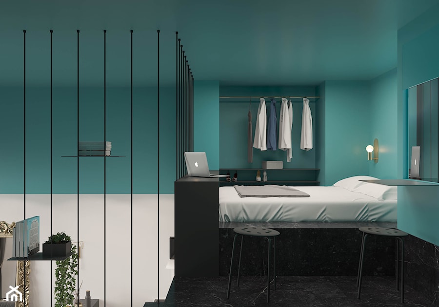 Modern deco - Średnia niebieska z biurkiem sypialnia na antresoli, styl glamour - zdjęcie od mow.design