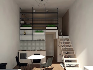 MX - Mały beżowy biały salon z kuchnią z jadalnią, styl minimalistyczny - zdjęcie od Marcin Molik Architekt
