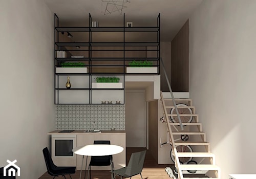 MX - Mały beżowy biały salon z kuchnią z jadalnią, styl minimalistyczny - zdjęcie od Marcin Molik Architekt