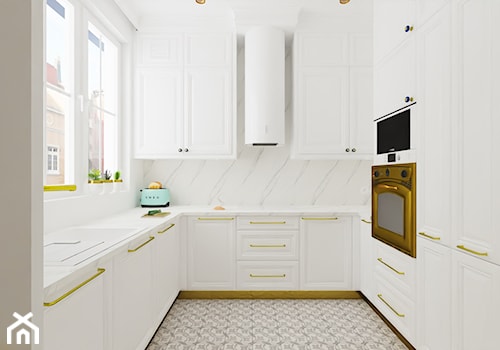 Apartament Ogarna - Średnia zamknięta biała z zabudowaną lodówką kuchnia w kształcie litery u z oknem z marmurem nad blatem kuchennym, styl nowoczesny - zdjęcie od pracowniabueno