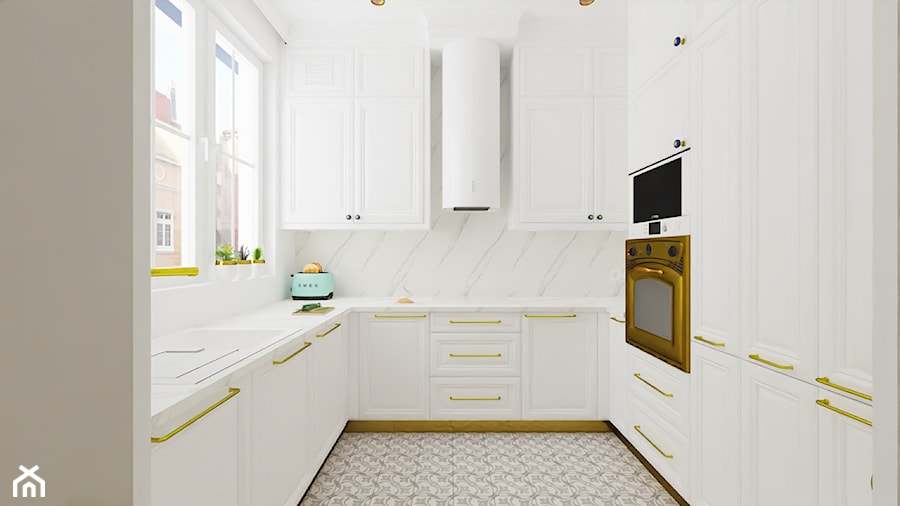 Apartament Ogarna - Średnia zamknięta biała z zabudowaną lodówką kuchnia w kształcie litery u z oknem z marmurem nad blatem kuchennym, styl nowoczesny - zdjęcie od pracowniabueno