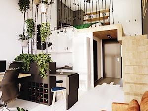 DIGITAL NOMAD'S FLAT - Mała otwarta z salonem z kamiennym blatem biała z zabudowaną lodówką kuchnia w kształcie litery u, styl nowoczesny - zdjęcie od magdalleenna