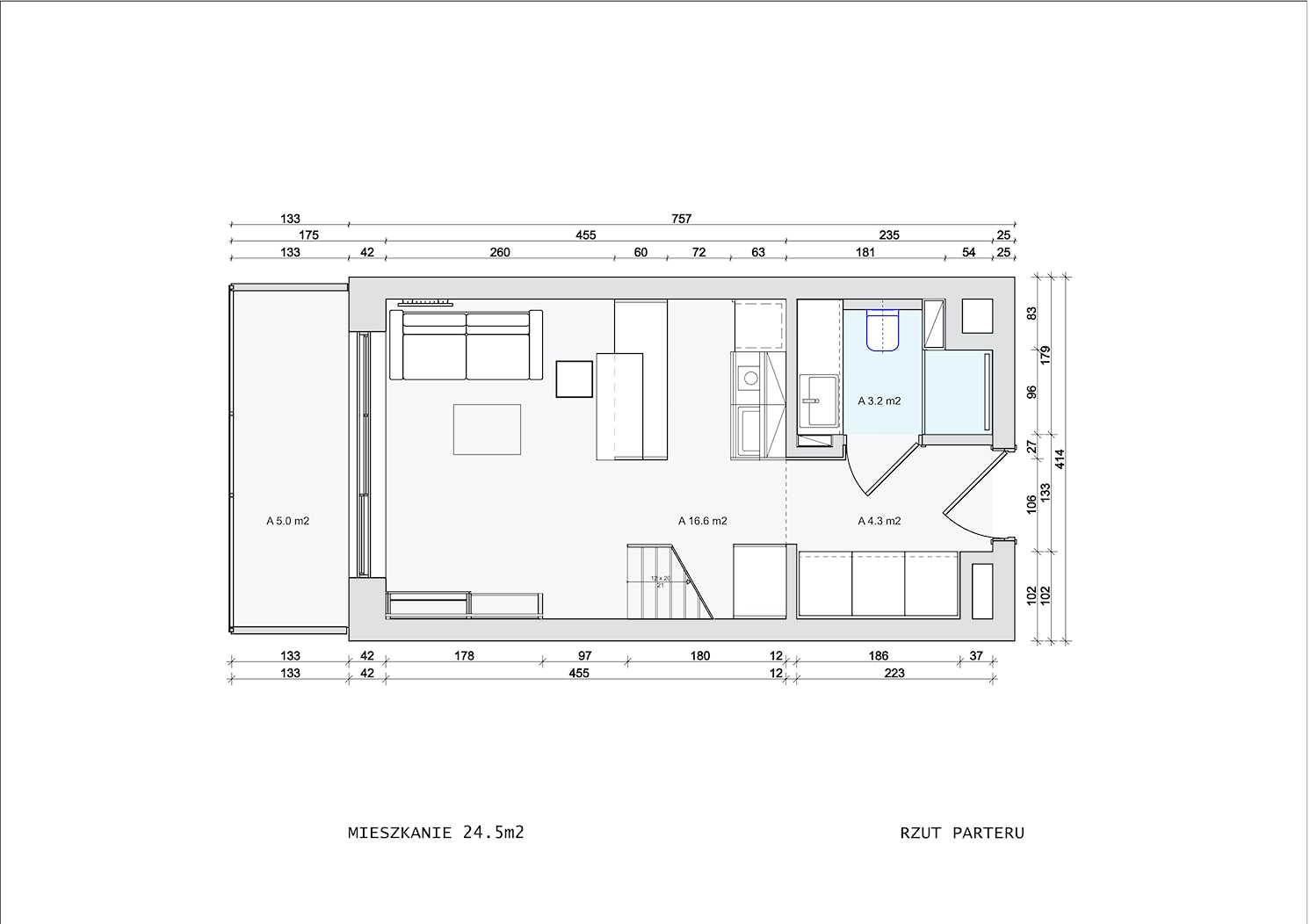 Rzut mieszkania pod antresolą. - zdjęcie od TADEUSZ MIREK architekt - Homebook