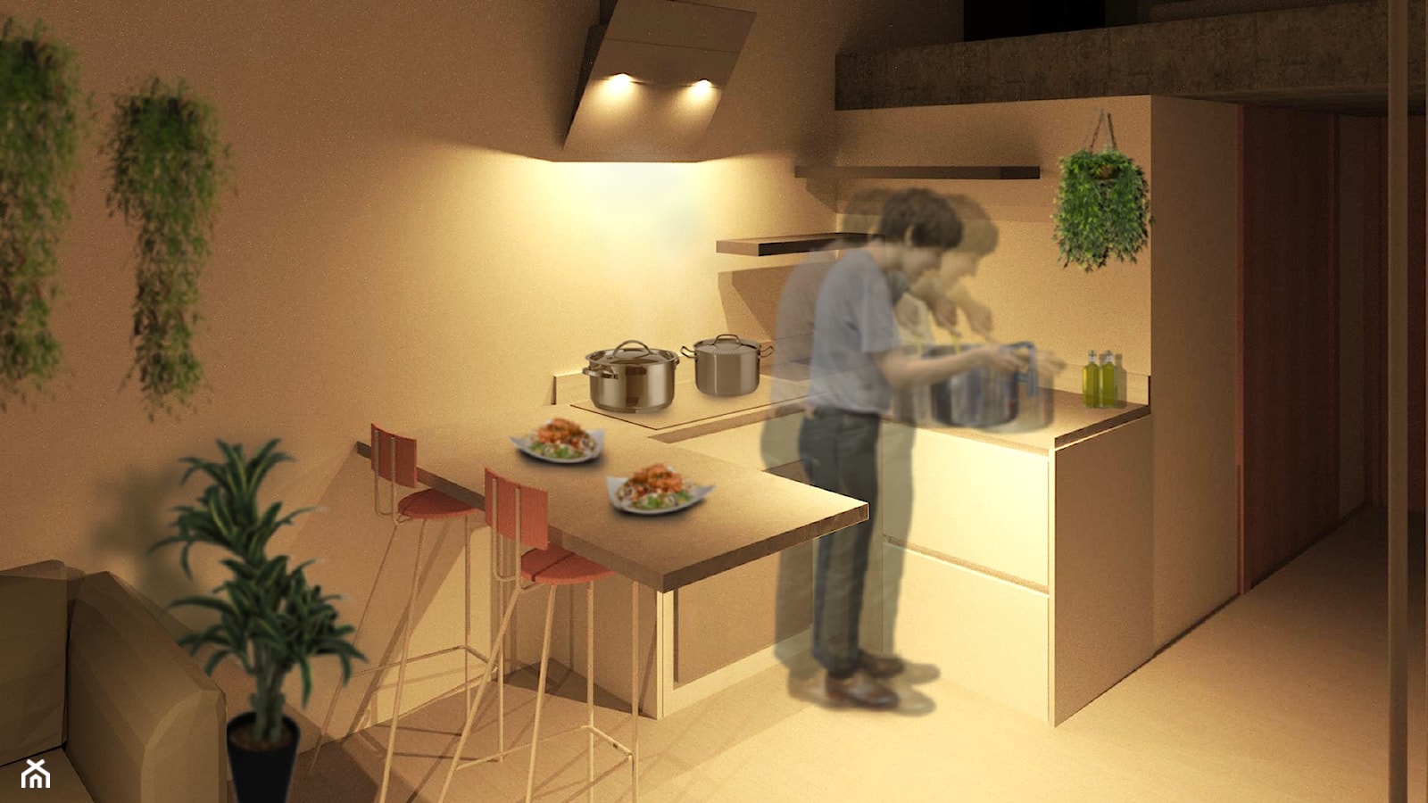 Plant-in - Mała otwarta z salonem z kamiennym blatem szara z zabudowaną lodówką kuchnia w kształcie litery u, styl minimalistyczny - zdjęcie od anlawecka - Homebook