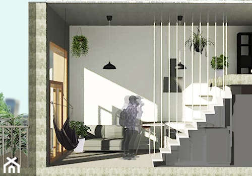 Plant-in - Mały biały szary salon z tarasem / balkonem z antresolą, styl minimalistyczny - zdjęcie od anlawecka