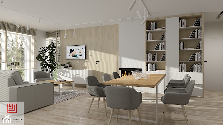 Aranżacja jasnego salonu z bio-kominkiem, całość w drewnie i szarościach - zdjęcie od 3d studio projektowanie wnętrz, wizualizacje