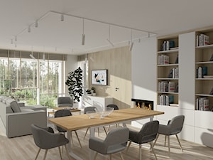Aranżacja jasnego salonu z bio-kominkiem, całość w drewnie i szarościach - zdjęcie od 3d studio projektowanie wnętrz, wizualizacje