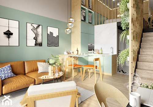 Apartament Praktyczny MINIMAXY - Mały biały zielony salon z kuchnią z jadalnią, styl nowoczesny - zdjęcie od Monika Bucholc