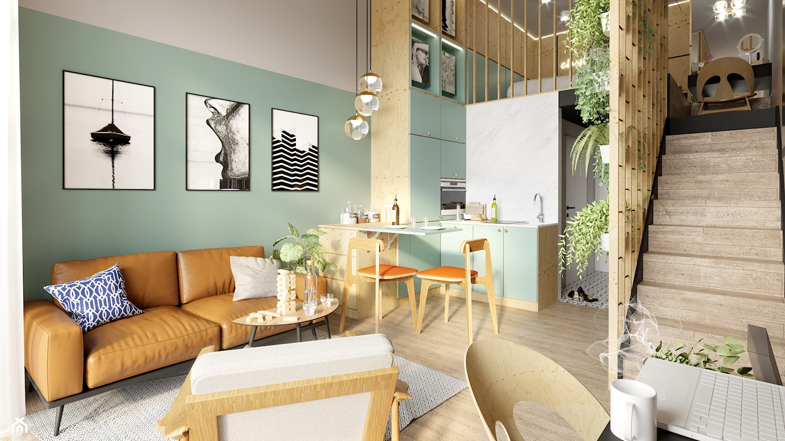 Apartament Praktyczny MINIMAXY - Mały biały zielony salon z kuchnią z jadalnią, styl nowoczesny - zdjęcie od Monika Bucholc - Homebook