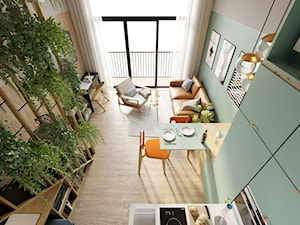 Apartament Praktyczny MINIMAXY - Mały biały niebieski salon z kuchnią z jadalnią z tarasem / balkonem, styl minimalistyczny - zdjęcie od Monika Bucholc