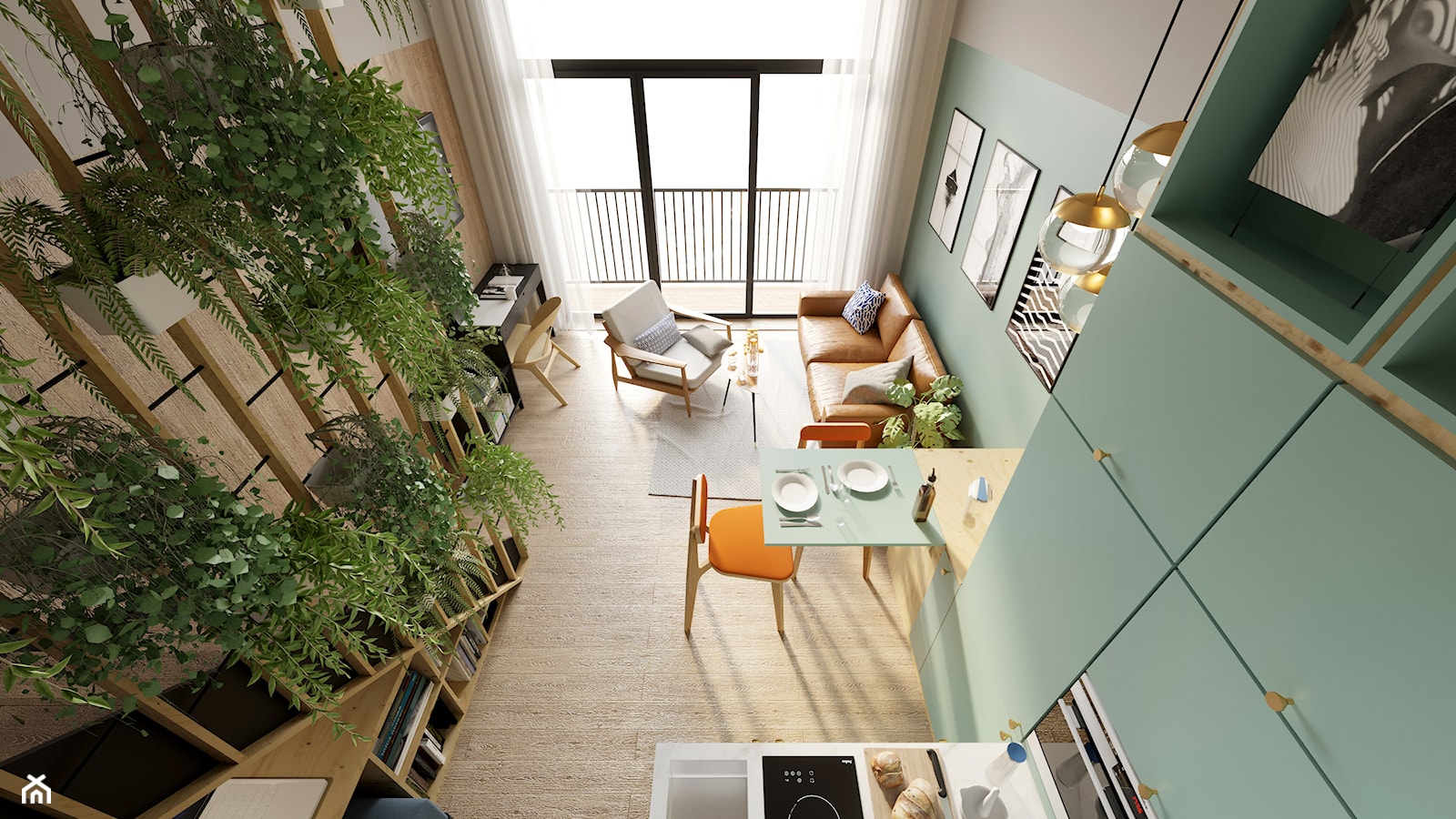 Apartament Praktyczny MINIMAXY - Mały biały niebieski salon z kuchnią z jadalnią z tarasem / balkonem, styl minimalistyczny - zdjęcie od Monika Bucholc - Homebook