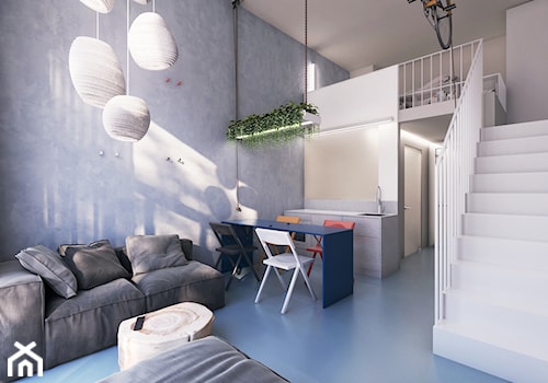 MINImum powierzchni, MAXImum funkcjonalności - Mały biały niebieski salon z kuchnią z jadalnią z tarasem / balkonem, styl nowoczesny - zdjęcie od pracownia architektury i urbanistyki karolina groszek