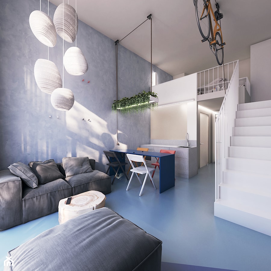 MINImum powierzchni, MAXImum funkcjonalności - Mały biały niebieski salon z kuchnią z jadalnią z tarasem / balkonem, styl nowoczesny - zdjęcie od pracownia architektury i urbanistyki karolina groszek