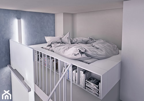 MINImum powierzchni, MAXImum funkcjonalności - Mała biała niebieska sypialnia na poddaszu, styl nowoczesny - zdjęcie od pracownia architektury i urbanistyki karolina groszek