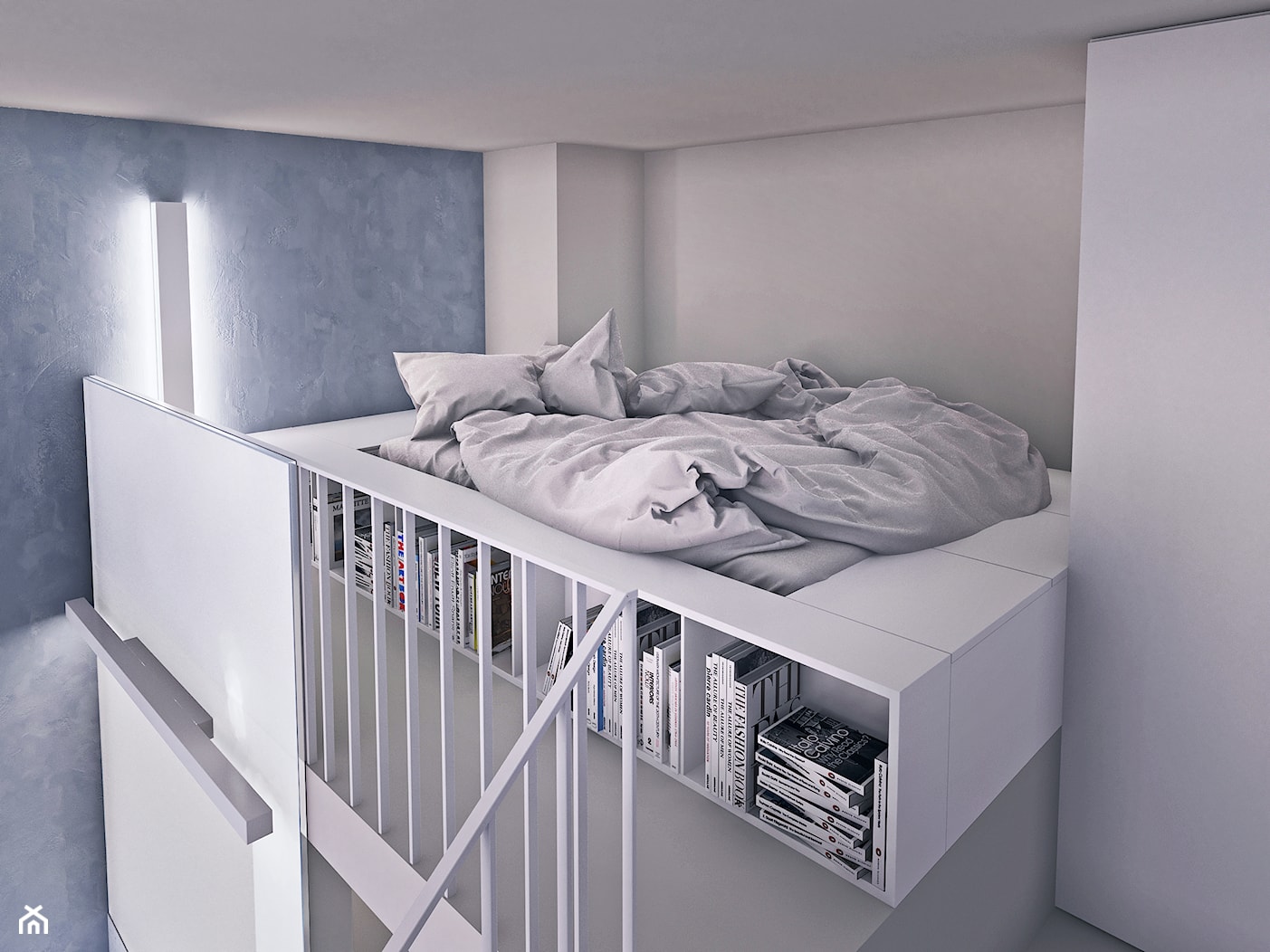 MINImum powierzchni, MAXImum funkcjonalności - Mała biała niebieska sypialnia na poddaszu, styl now ... - zdjęcie od pracownia architektury i urbanistyki karolina groszek - Homebook