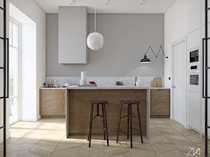 Kamienica - Średnia otwarta z salonem z kamiennym blatem biała szara z zabudowaną lodówką kuchnia dwurzędowa z wyspą lub półwyspem, styl minimalistyczny - zdjęcie od ZKA architekci