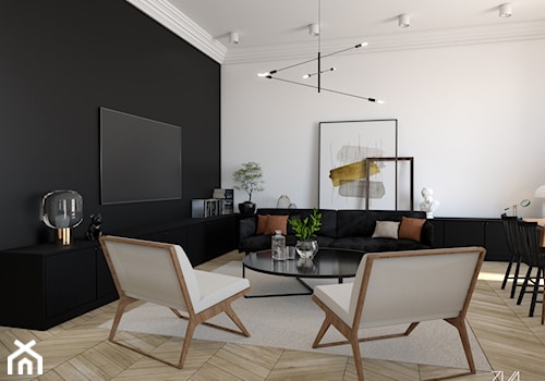 Kamienica - Duży biały czarny salon z jadalnią, styl minimalistyczny - zdjęcie od ZKA architekci