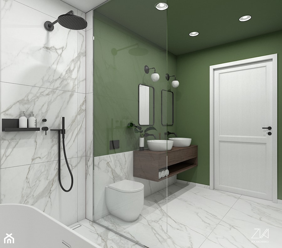 Dom prywatny - Średnia bez okna z lustrem z dwoma umywalkami z marmurową podłogą z punktowym oświetleniem łazienka, styl minimalistyczny - zdjęcie od ZKA architekci