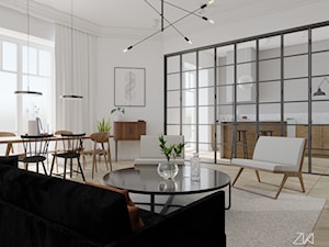 Kamienica - Duży biały salon z jadalnią, styl minimalistyczny - zdjęcie od ZKA architekci