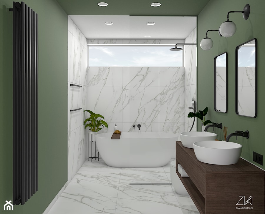 Dom prywatny - Średnia z dwoma umywalkami z punktowym oświetleniem łazienka z oknem, styl minimalistyczny - zdjęcie od ZKA architekci