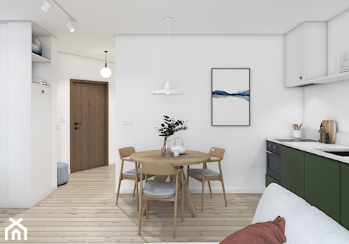 Mieszkanie typu studio - Średnia otwarta z salonem biała z zabudowaną lodówką z podblatowym zlewozmywakiem kuchnia jednorzędowa z marmurem nad blatem kuchennym, styl minimalistyczny - zdjęcie od ZKA architekci