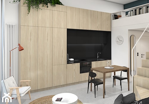 Mikromieszkanie z antresolą - Biały salon z kuchnią z jadalnią z antresolą, styl minimalistyczny - zdjęcie od ZKA architekci