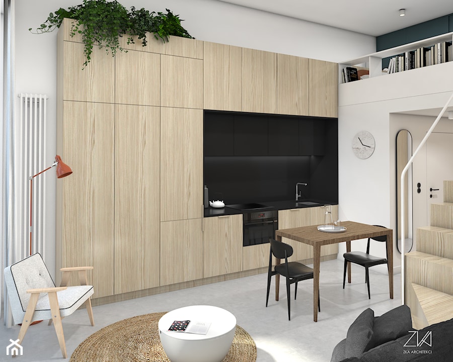 Mikromieszkanie z antresolą - Biały salon z kuchnią z jadalnią z antresolą, styl minimalistyczny - zdjęcie od ZKA architekci