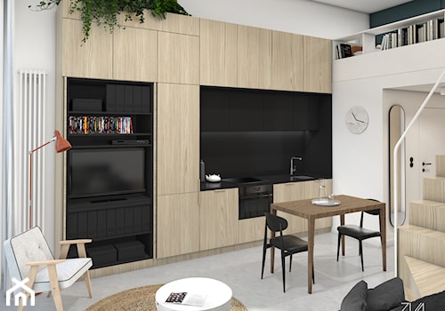 Mikromieszkanie z antresolą - Średni biały salon z kuchnią z jadalnią, styl minimalistyczny - zdjęcie od ZKA architekci