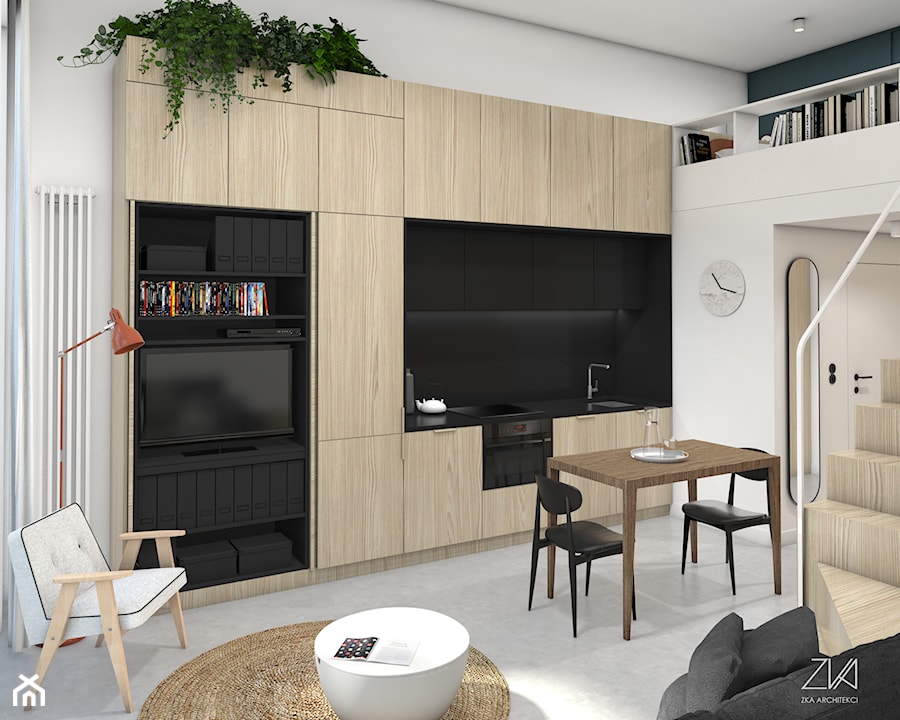 Mikromieszkanie z antresolą - Średni biały salon z kuchnią z jadalnią, styl minimalistyczny - zdjęcie od ZKA architekci