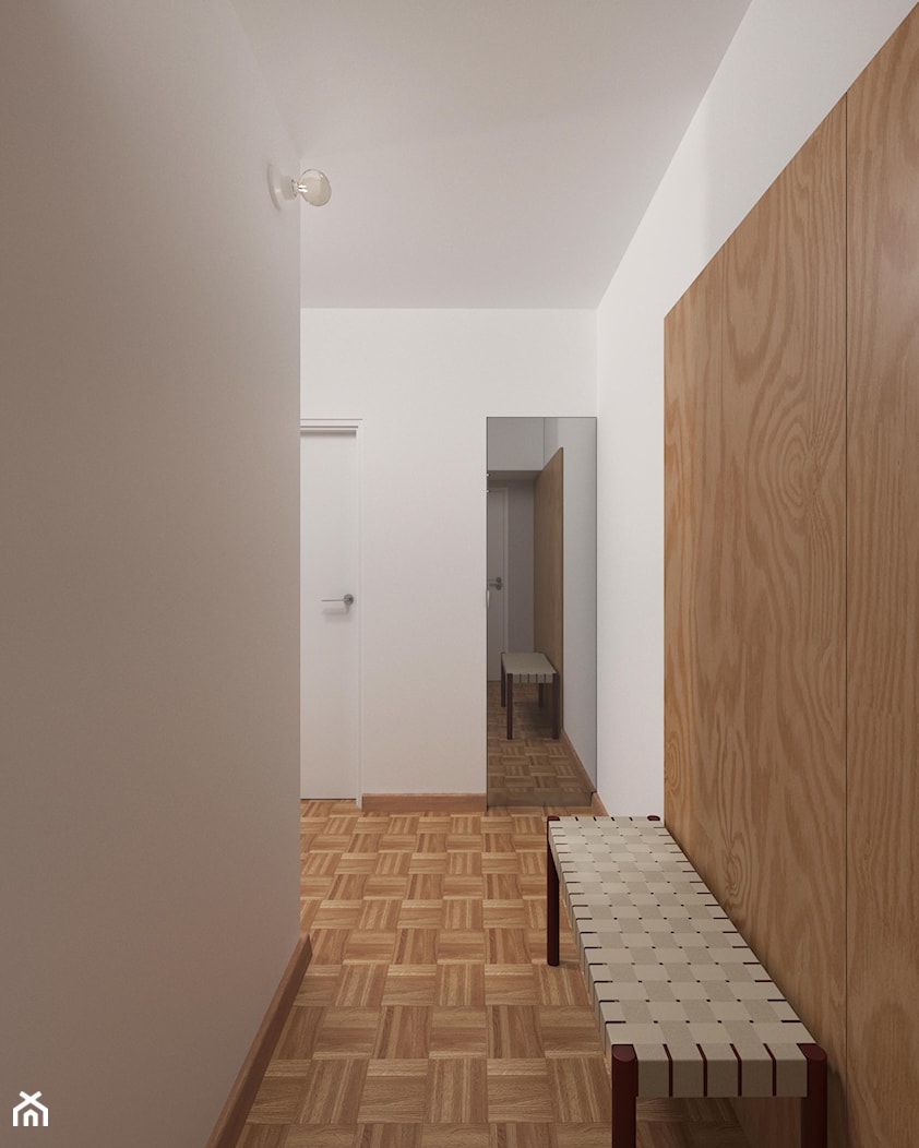 Korytarz wejściowy z widokiem na szafę wnękową i drewnianą lamperią - zdjęcie od Kuba Krysiak Autorska Pracownia Projektowa - Homebook