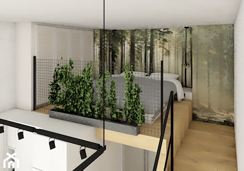 MINI-MAXI URBAN JUNGLE - Mała biała szara zielona sypialnia na antresoli, styl industrialny - zdjęcie od PauLatocha