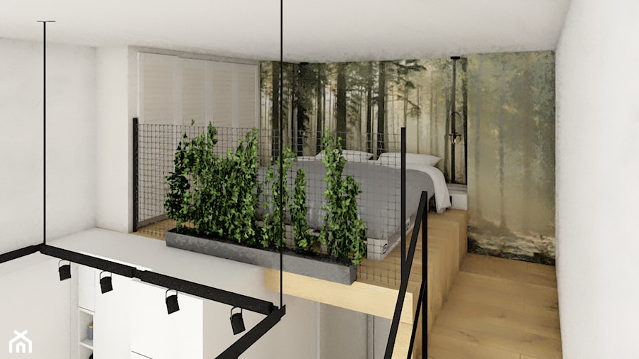 MINI-MAXI URBAN JUNGLE - Mała biała szara zielona sypialnia na antresoli, styl industrialny - zdjęcie od PauLatocha