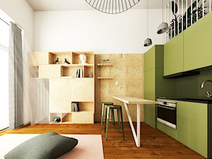 Konkurs dla projektantów wnętrz - Maximum funkcjonalności - Mała otwarta z salonem z kamiennym blatem biała zielona z zabudowaną lodówką kuchnia jednorzędowa z oknem, styl nowoczesny - zdjęcie od DoraiTym