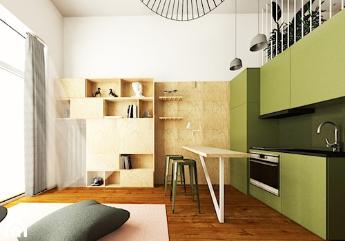 Konkurs dla projektantów wnętrz - Maximum funkcjonalności - Mała otwarta z salonem z kamiennym blatem biała zielona z zabudowaną lodówką kuchnia jednorzędowa z oknem, styl nowoczesny - zdjęcie od DoraiTym