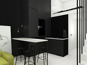 WHITE IS THE NEW BLACK - Mała otwarta z salonem z kamiennym blatem biała czarna z zabudowaną lodówką z nablatowym zlewozmywakiem kuchnia w kształcie litery u, styl minimalistyczny - zdjęcie od Marlińska