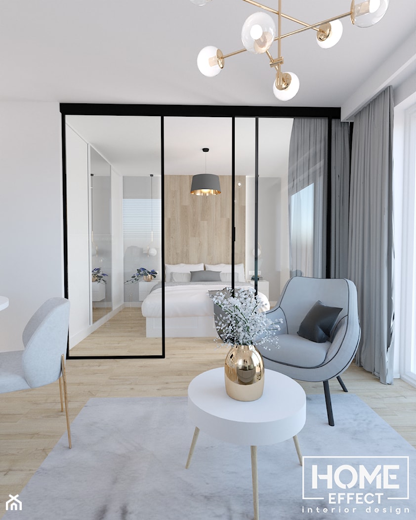 Salon z przeszkloną ścianą do sypialni - zdjęcie od Home Effect - Homebook
