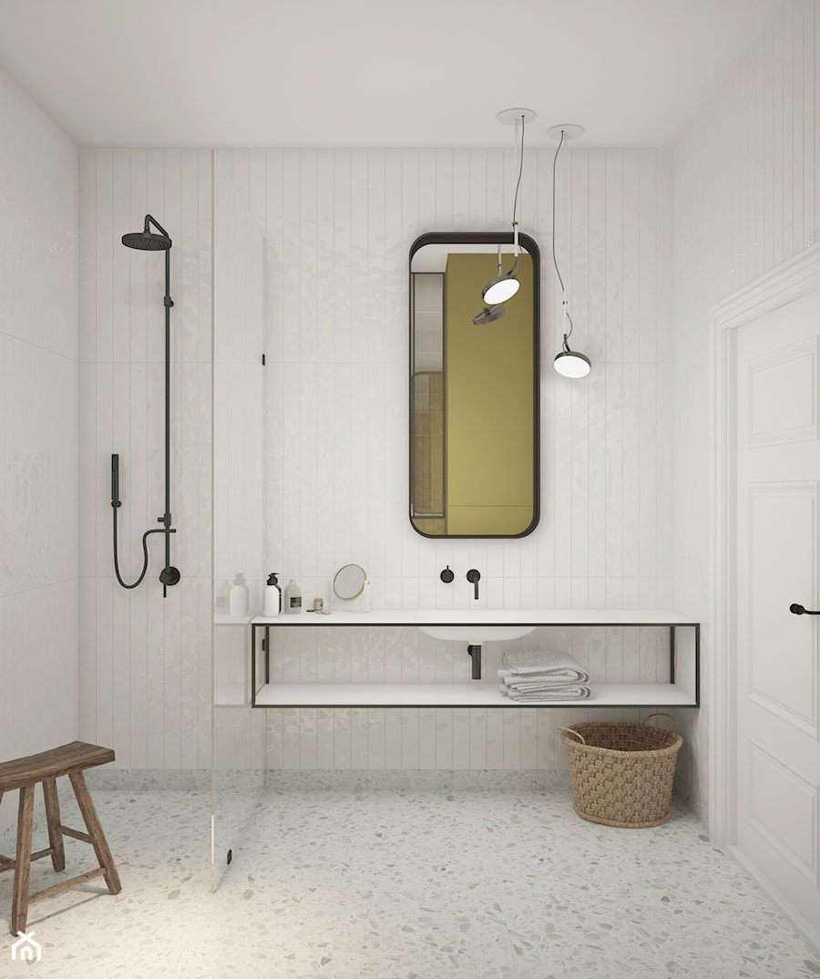 Mieszkanie w kamienicy - Mała bez okna z lustrem z marmurową podłogą łazienka, styl nowoczesny - zdjęcie od Madde studio