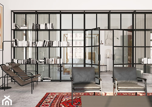 Loft apartament - Duży biały salon, styl industrialny - zdjęcie od Madde studio