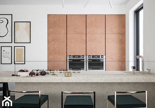 Apartament - Duża otwarta z kamiennym blatem biała z zabudowaną lodówką z nablatowym zlewozmywakiem kuchnia dwurzędowa z oknem, styl nowoczesny - zdjęcie od Madde studio