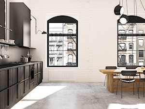 Loft apartament - Duża otwarta z kamiennym blatem biała czarna z zabudowaną lodówką z podblatowym zlewozmywakiem kuchnia jednorzędowa z oknem, styl industrialny - zdjęcie od Madde studio