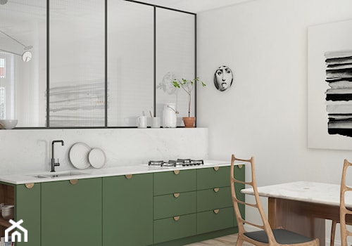 Mieszkanie w kamienicy - Średnia otwarta biała z zabudowaną lodówką z nablatowym zlewozmywakiem kuchnia jednorzędowa z oknem z marmurem nad blatem kuchennym, styl nowoczesny - zdjęcie od Madde studio